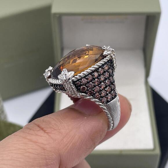 Judith Ripka Citrine Quartz Sterling Silver Colored CZ Pave Cocktail Ring Size 8 - Picture 5 of 13